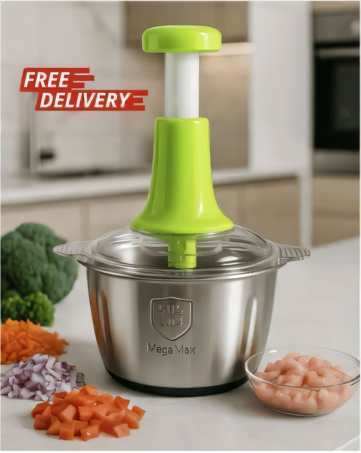 2.0 Litre 4 Blades Premium Quality Meat and Vegetable Push Chopper with Stainless Steel Bowl