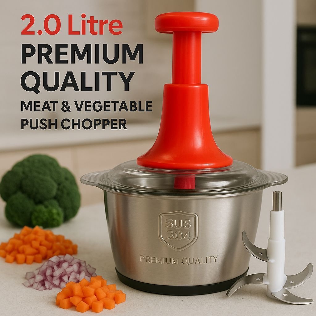2.0 Litre 4 Blades Premium Quality Meat and Vegetable Push Chopper with Stainless Steel Bowl